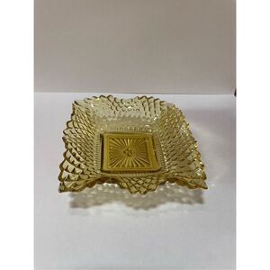 Vintage Yellow Gold Depression Glass Ruffled Square Trinket Dish Tray Bowl